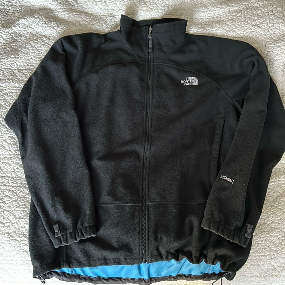 Worn men’s north face fleece zip up shell jacket, size XL